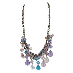 Silver Tone Multi-Color Faceted Crystal Drop Dangle Necklace, Estate Vintage